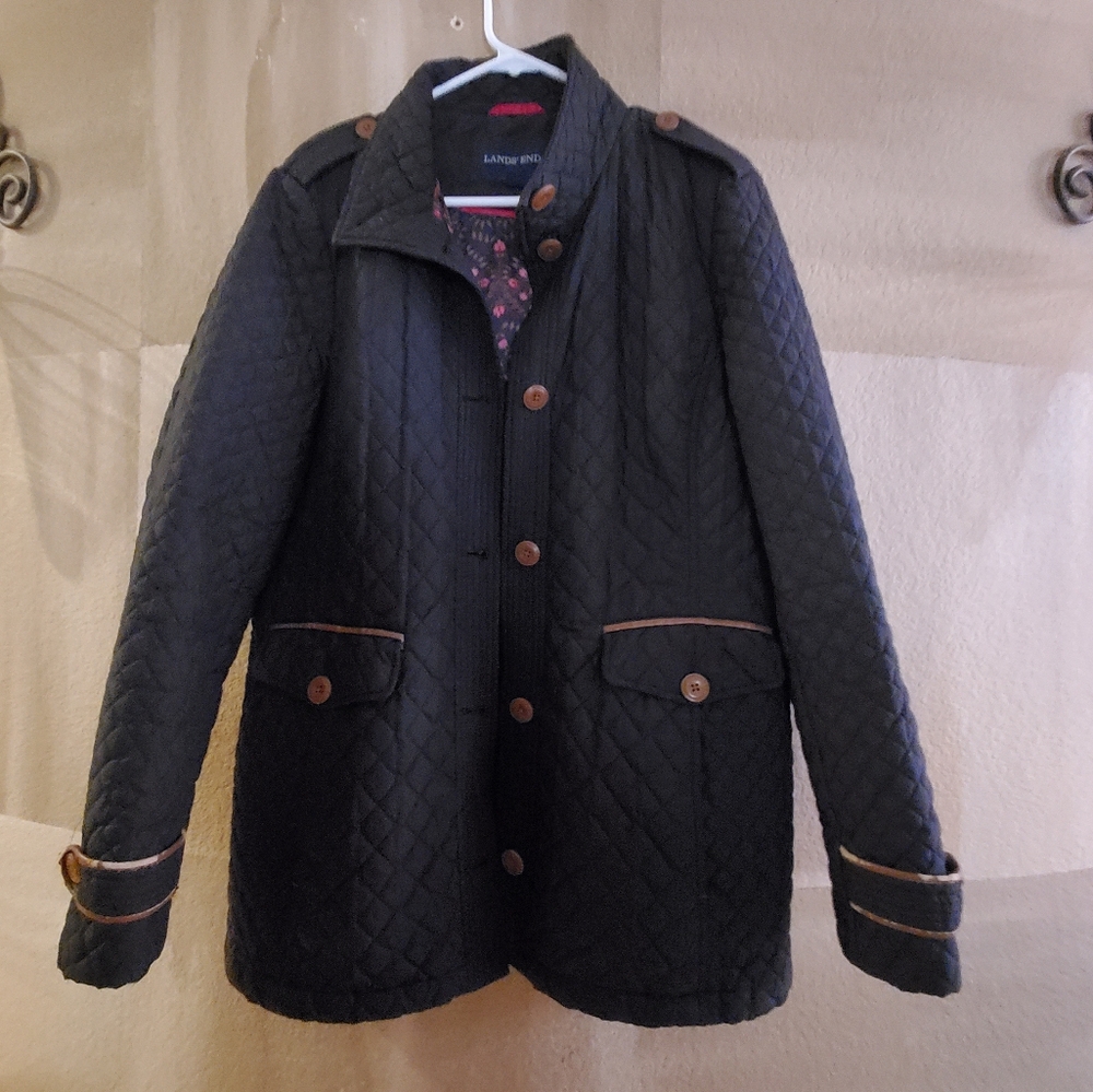 Lands End Black Quilted Jacket Floral Interior Primaloft Lightweight Sz Large - Picture 5 of 15